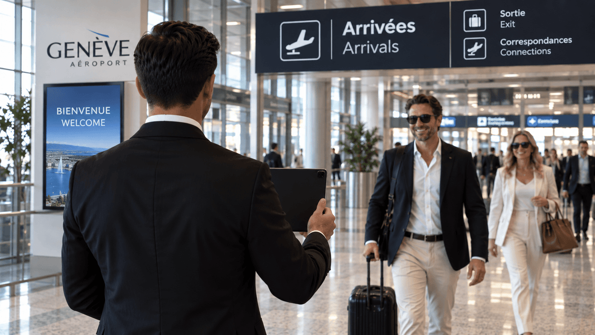 Leader Limousines chauffeur greeting clients at Geneva GVA airport arrivals with a personalized sign private chauffeur